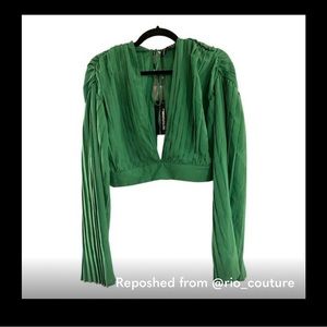 NWT PrettyLittleThing Green Pleated Plunge Long Sleeve Blouse
